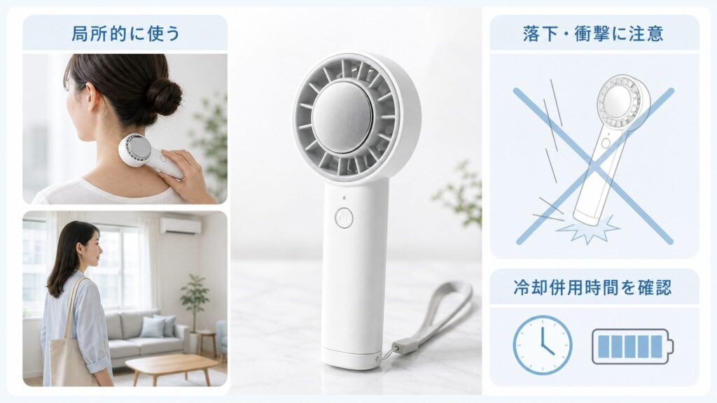 使用する前に知るべき注意点として、冷却プレートの局所利用、結露の拭き取り、落下や強い衝撃の回避、冷却併用時の使用時間確認を示した画像