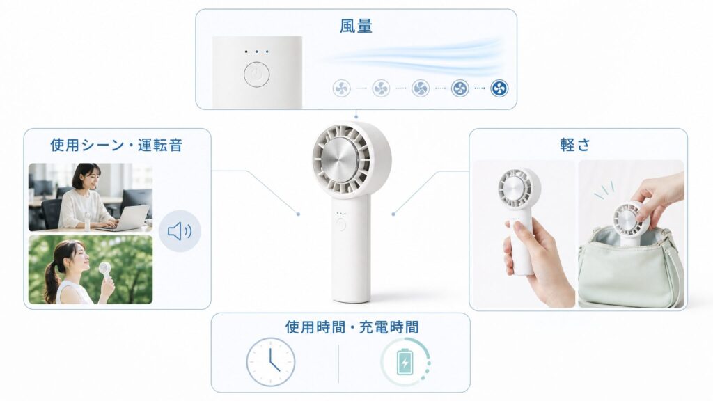 冷却プレート付きハンディファンの選び方として、風量、軽さ、連続使用時間と充電時間、使用シーンと運転音の四つの比較基準を整理した画像