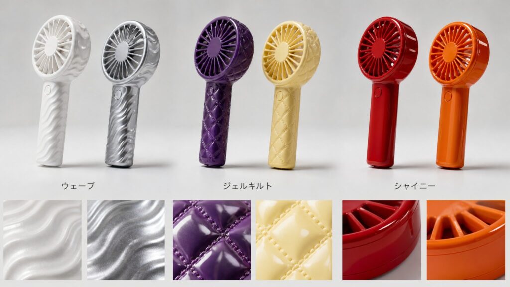 大人向けと個性派の3タイプとして、上品なウェーブ、立体的なジェルキルト、鮮やかなシャイニーの色と表面デザインを比較する製品画像