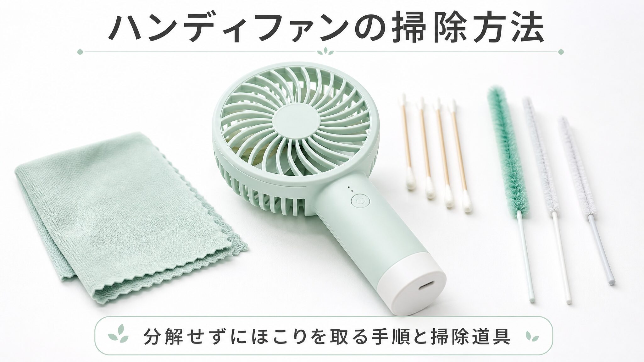 フランフラン ハンディファンの掃除方法として、前ガードを外さず、柔らかい布や清掃スティックで外装と羽根を手入れする流れと掃除道具を示したインフォグラフィック