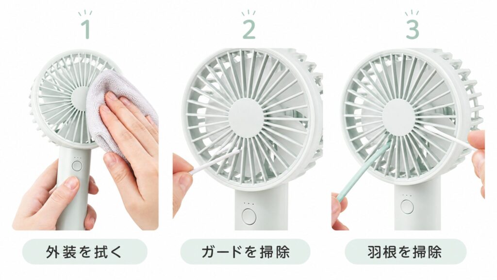 フランフランのハンディファン掃除方法として、外装の布拭き、ガードのほこり取り、2本の清掃スティックによる羽根の手入れを順番に示したインフォグラフィック