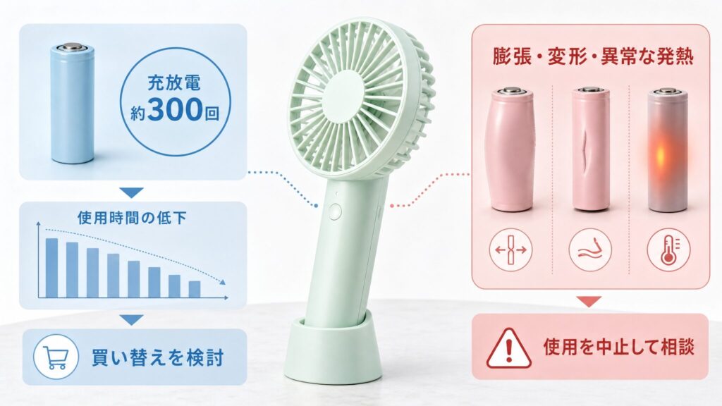 フランフラン「フレ ハンディファン」の寿命目安を、充放電約300回、満充電後の使用時間、膨張・変形・異常な発熱の確認項目に分けて示したインフォグラフィック