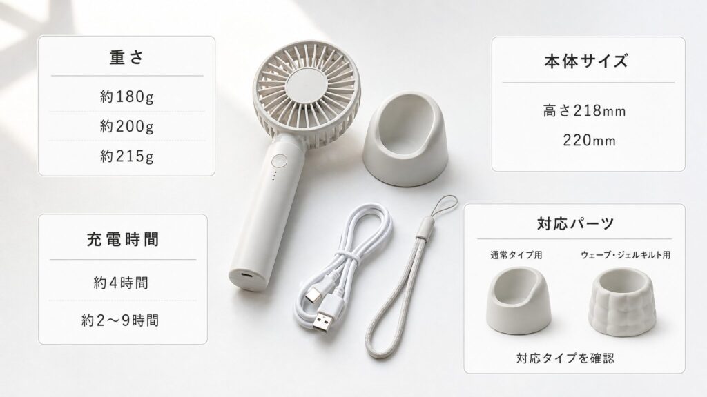 購入前に確認したいポイントとして、ハンディファンの重さ、本体サイズ、約4時間の充電、約2〜9時間の使用時間、対応スタンドを整理した図