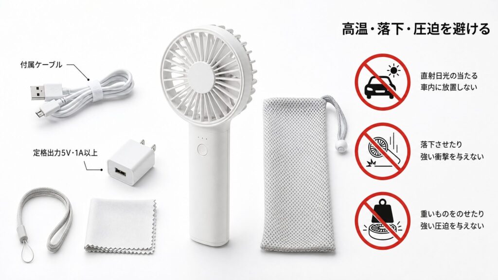 ハンディファンを長持ちさせる使い方として、付属ケーブルでの充電、高温や落下の回避、外側の掃除、電池が空の状態を避けた保管方法を示す製品インフォグラフィック