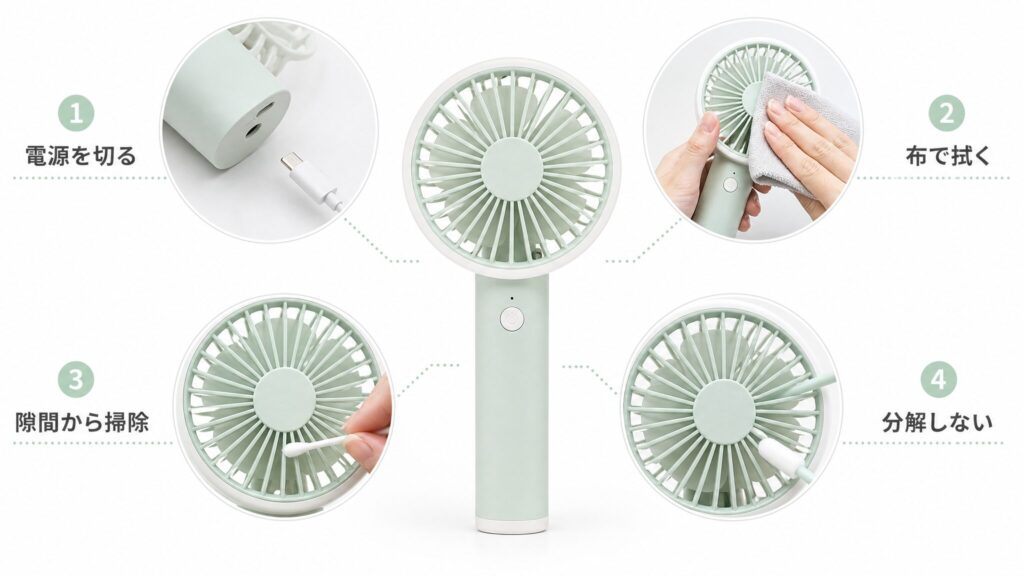 ハンディファンを分解せずにお手入れする方法まとめとして、電源を切り、外装を布で拭き、ガードの隙間から羽根を掃除する一連の流れを示したインフォグラフィック