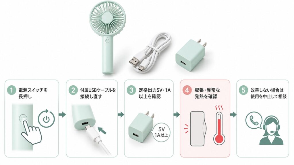ハンディファンを長持ちさせる使い方として、付属ケーブルで適切に充電するための電源操作、接続、定格出力、異常確認、使用中止と相談までを5段階で示した図解