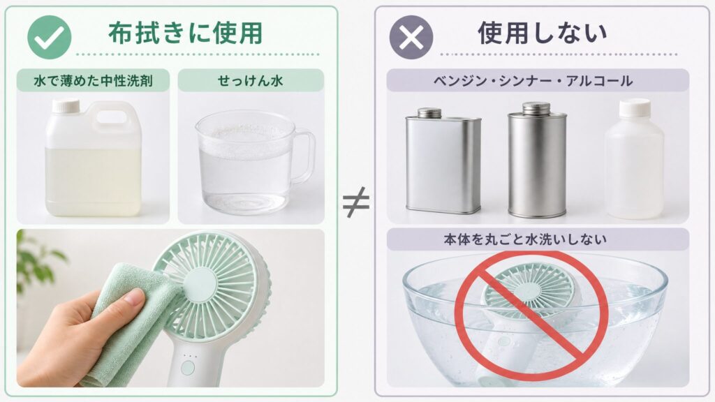 フランフラン ハンディファンの掃除方法として、水で薄めた中性洗剤やせっけん水を布に含ませる方法と、使用を避けるベンジン・シンナー・アルコールを対比した図解