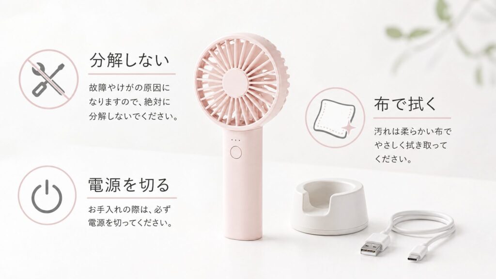 掃除前の確認事項と注意点として、ハンディファンを分解せず、電源を切って充電器から外し、布拭きで手入れする条件を示した製品中心のインフォグラフィック