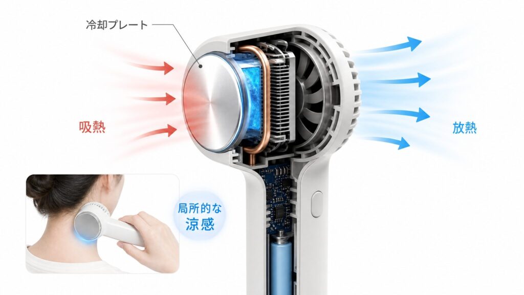 ハンディファンの冷却プレートとは何かを示し、肌に触れるプレートが熱を吸収してファン側へ逃がし、接触部分に局所的な涼感を与える仕組みを表した図解