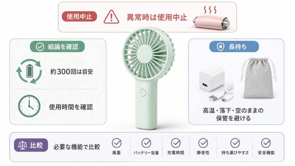 ハンディファンの寿命と長持ちさせる使い方まとめとして、充放電約300回の位置づけ、異常時の使用中止、充電・保管方法、買い替え時の比較軸を整理したインフォグラフィック