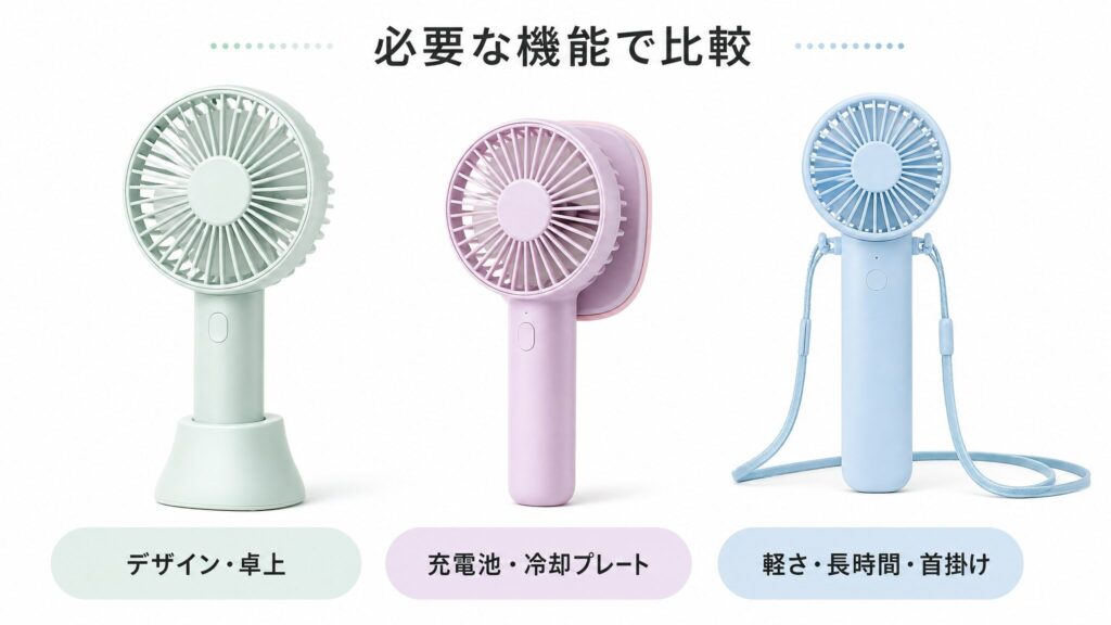 買い替えにおすすめのモデル3選について、デザインと卓上使用、充電池と冷却プレート、軽さと連続使用時間、首掛け対応の違いを比較した製品インフォグラフィック