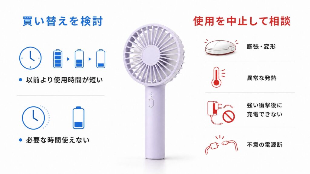 フランフラン「フレ ハンディファン」の寿命目安として、使用時間の低下が買い替えの目安になる場合と、膨張・変形・異常な発熱など使用を中止して相談する異常を比較した図解