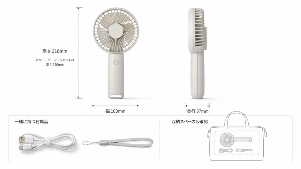 購入前に確認したいポイントとして、ハンディファンの幅103mm、奥行37mm、高さ218mmまたは220mmと、充電用ケーブルやストラップの収納スペースを示す寸法図