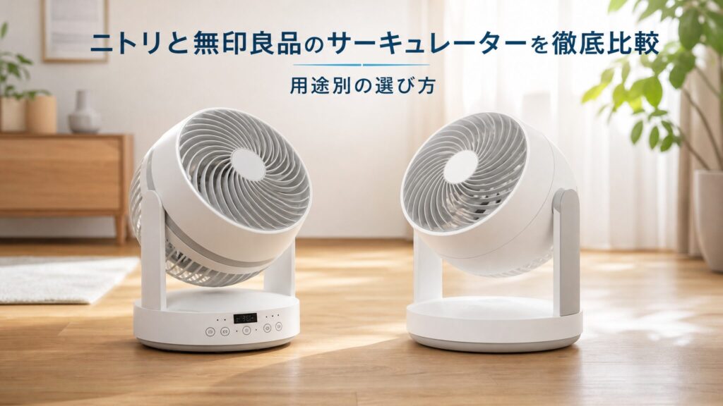 ニトリと無印良品のサーキュレーターを徹底比較するイメージ。ナチュラルなリビング空間に白基調のサーキュレーター2台が並び、用途別の選び方を象徴的に示すヒーロービジュアル。
