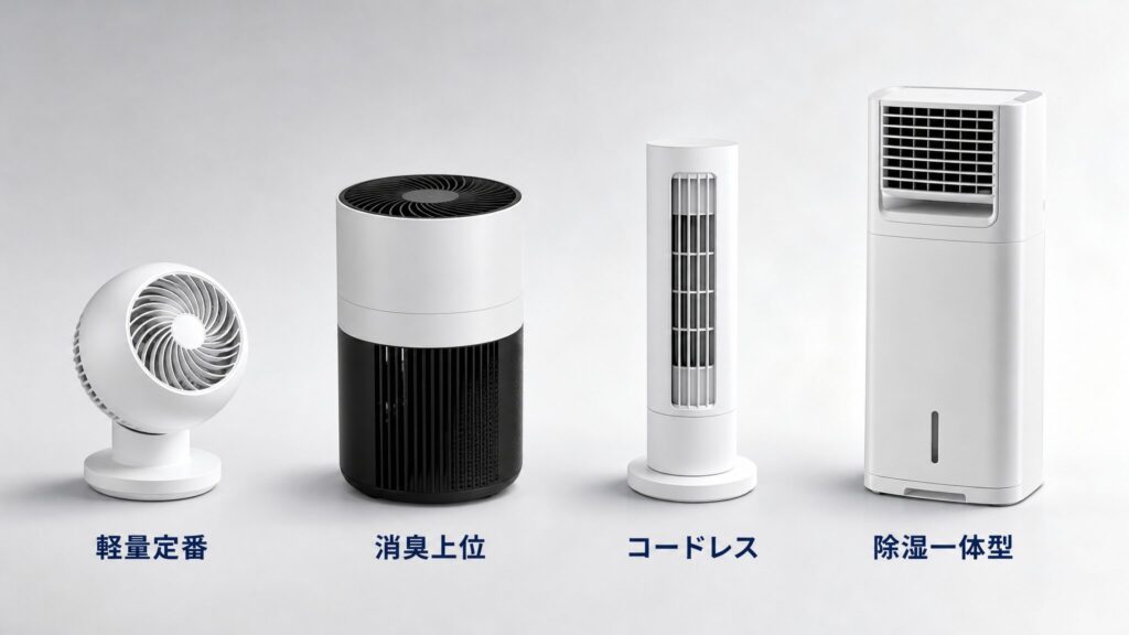 部屋干しにおすすめのサーキュレーター4選を横一列で紹介する製品ラインナップビジュアル。軽量定番・消臭上位・コードレス・除湿一体型の4タイプを、日本語ラベル付きで等間隔に並べた比較構図。