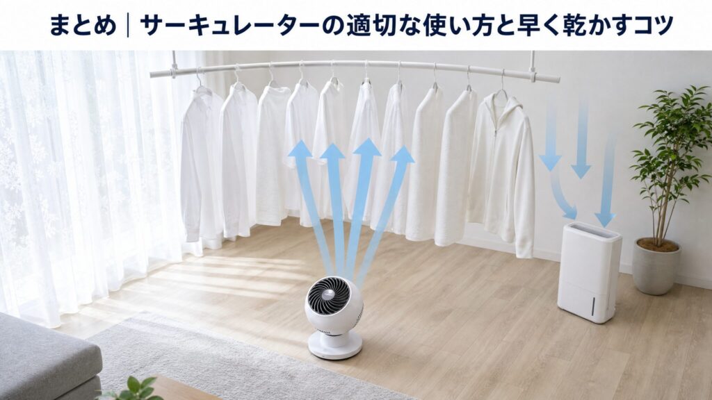 サーキュレーターの適切な使い方と早く乾かすコツをまとめたビジュアル。アーチ干しの洗濯物・真下に置いた球体型サーキュレーター・奥の衣類乾燥除湿機を配置し、送風と除湿の連携を矢印で示した俯瞰構図。