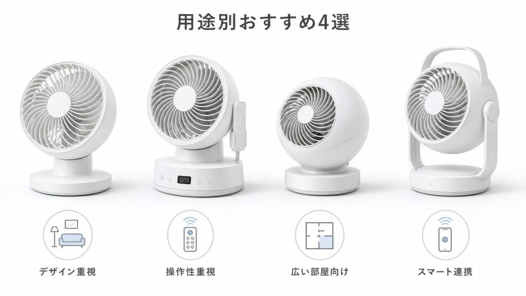 用途別に選ぶおすすめサーキュレーター4選を示すイメージ。白基調の異なるデザインの4台が横一列に並び、デザイン重視・操作性・広い部屋向け・スマート連携の4つの用途タグを添えたラインナップビジュアル。