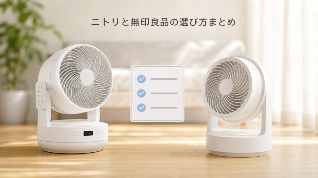 ニトリと無印良品の違いと用途別の選び方まとめのイメージ。落ち着いたリビング空間に白基調のサーキュレーター2台とチェックリスト風グラフィックを配置し、選び方の総括を象徴的に示すまとめビジュアル。