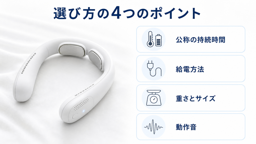長時間使うための選び方のポイントを整理した図解で、公称の持続時間、給電方法、重さとサイズ、動作音という4つの確認項目をアイコン付きで並べた構成