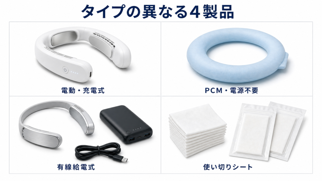 長時間使えるネッククーラーおすすめ4選を並べた図解で、電動充電式、PCM電源不要、有線給電式、使い切りシートの4製品を電源方式とあわせて示した比較構成