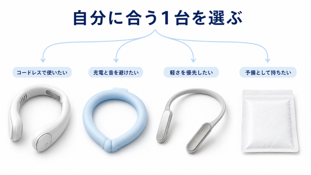 自分に合ったネッククーラーを選ぶためのまとめ図解で、コードレス重視、充電と音の回避、軽さ優先、予備用という4つの希望条件から製品タイプへ分岐する構成